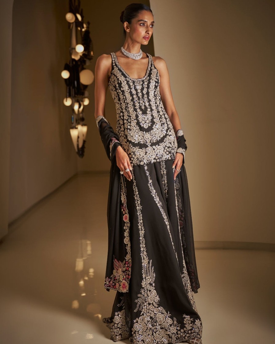 Bridal Seema Gujral | Black Silver Sharara Set