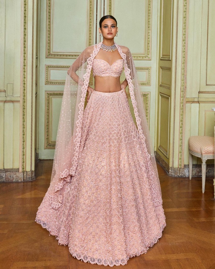 Bridal Seema Gujral | Rose Gold Pearl Drop Lehenga Set