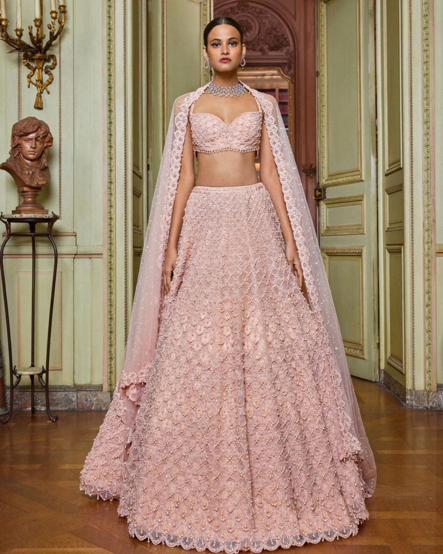 Bridal Seema Gujral | Rose Gold Pearl Drop Lehenga Set