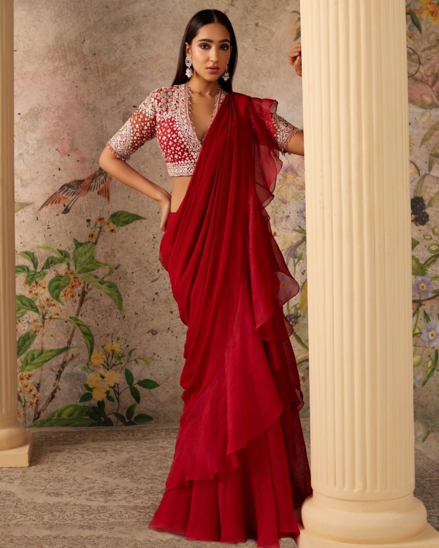 Womens Ridhi Mehra | Red Ochre Belle Sari Set