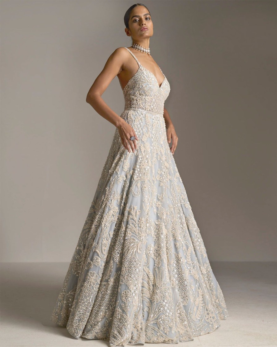 Womens Seema Gujral | Ice Blue Pearl Gown