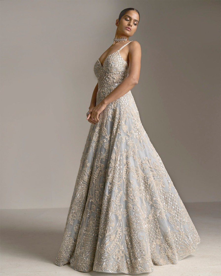 Womens Seema Gujral | Ice Blue Pearl Gown