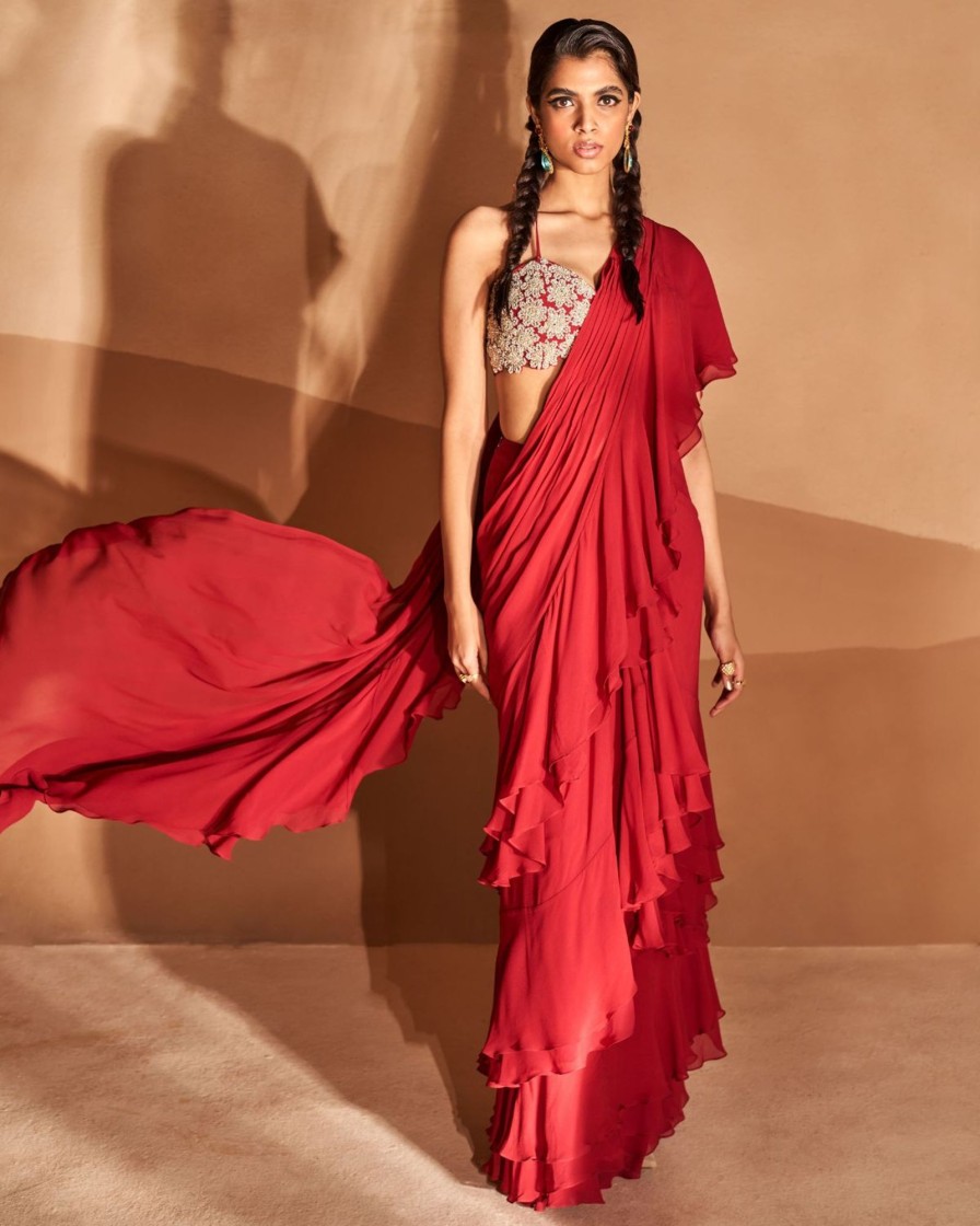 Bridal Bhumika Sharma | Red Layered Ruffle Sari Set