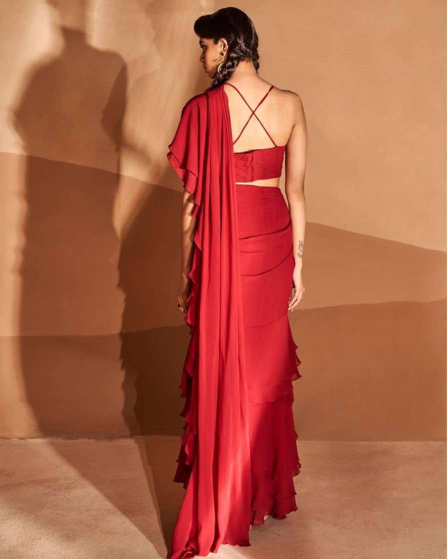 Bridal Bhumika Sharma | Red Layered Ruffle Sari Set