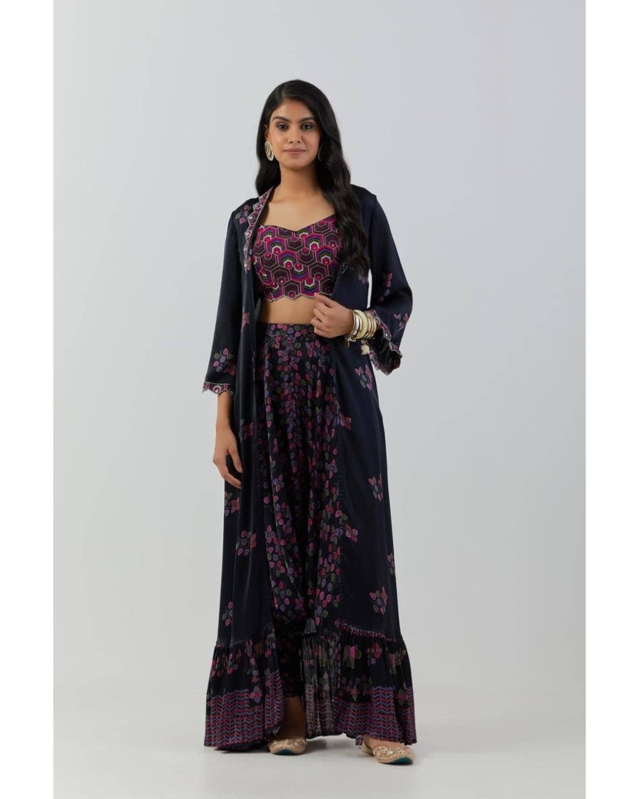 Womens Punit Balana | Black Printed Top With Cowl Pants U0026 Cape