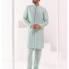 Mens Devnaagri Mens | Aqua Front Open Self Embroidered Chanderi Kurta Set