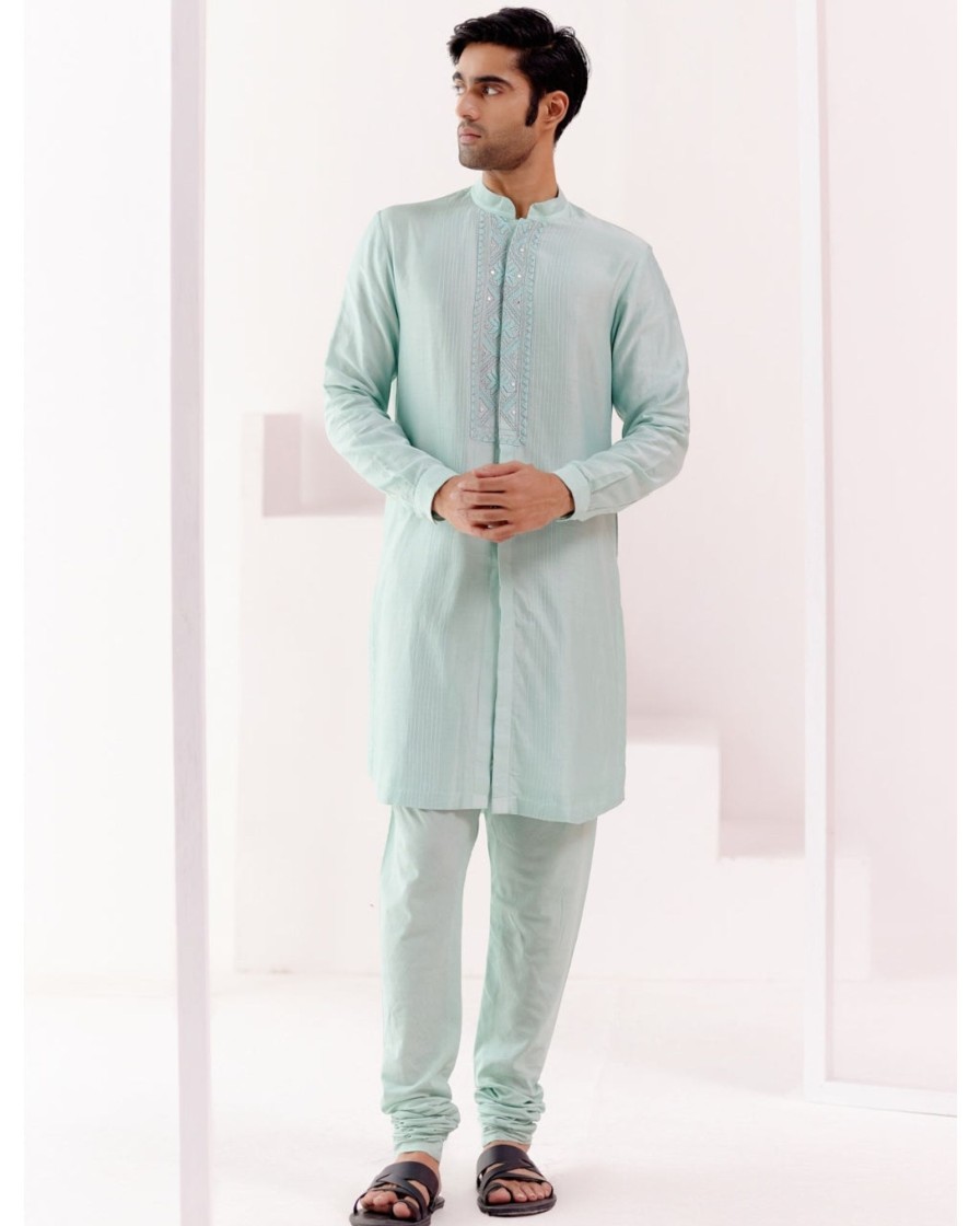 Mens Devnaagri Mens | Aqua Front Open Self Embroidered Chanderi Kurta Set