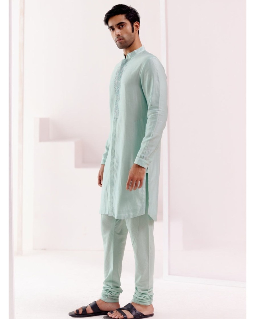 Mens Devnaagri Mens | Aqua Front Open Self Embroidered Chanderi Kurta Set