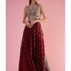 Womens Payal Singhal | Maroon Embroidered Choli And Skirt With Attached Pants Set