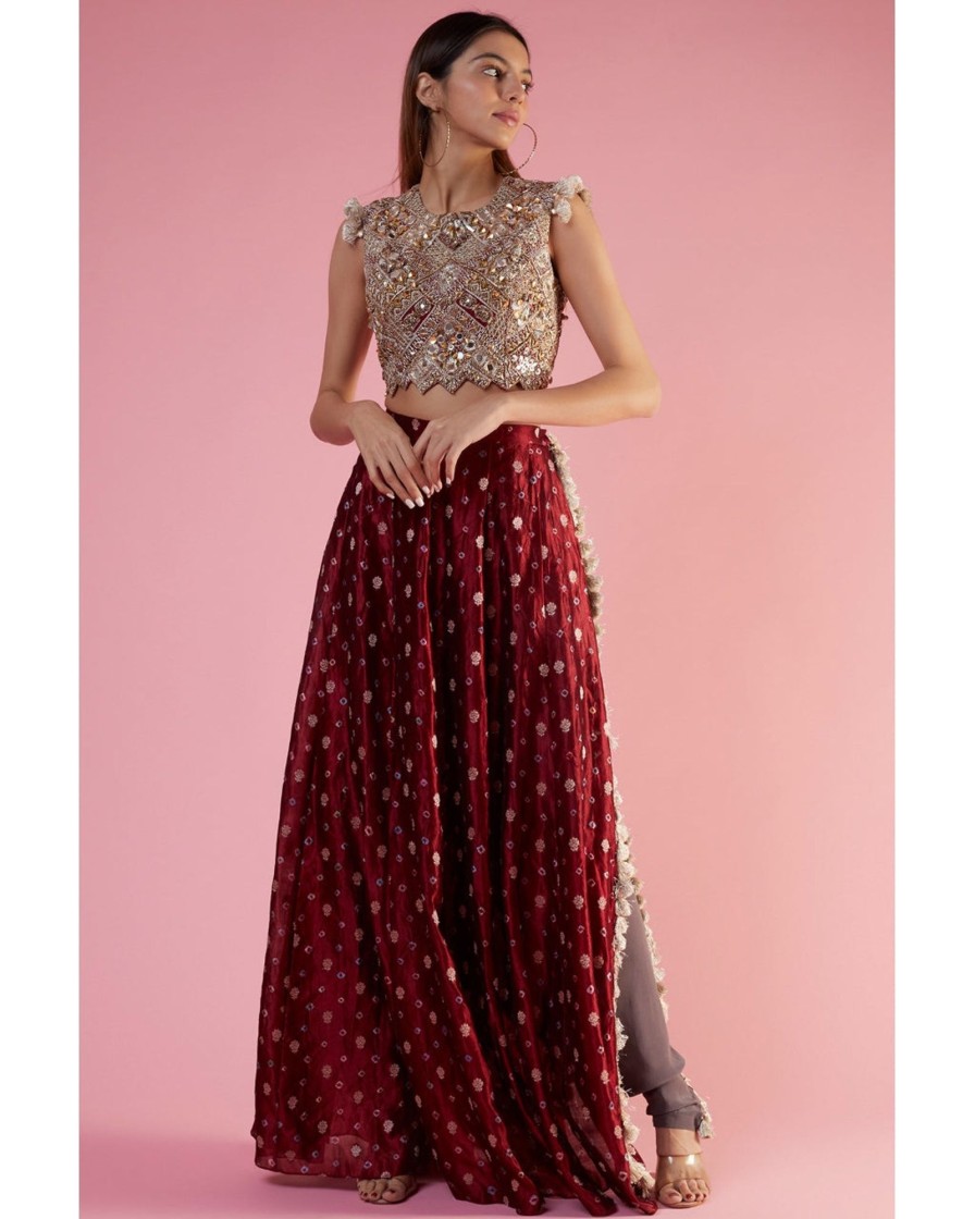 Womens Payal Singhal | Maroon Embroidered Choli And Skirt With Attached Pants Set