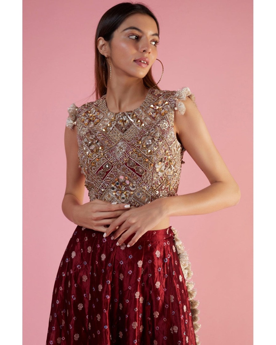 Womens Payal Singhal | Maroon Embroidered Choli And Skirt With Attached Pants Set