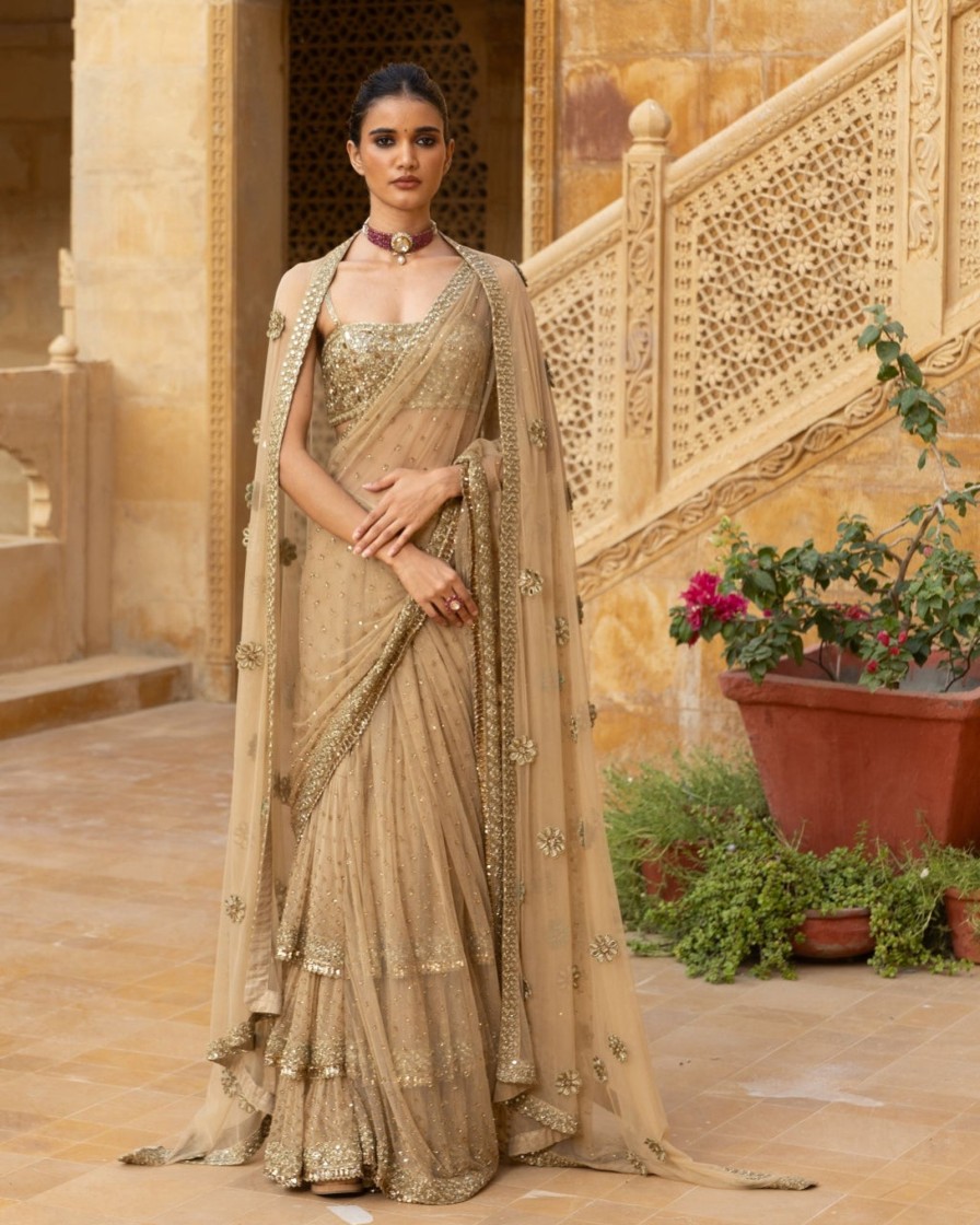 Womens Arpita Mehta | Nude Embroidered Tiered Sari Set