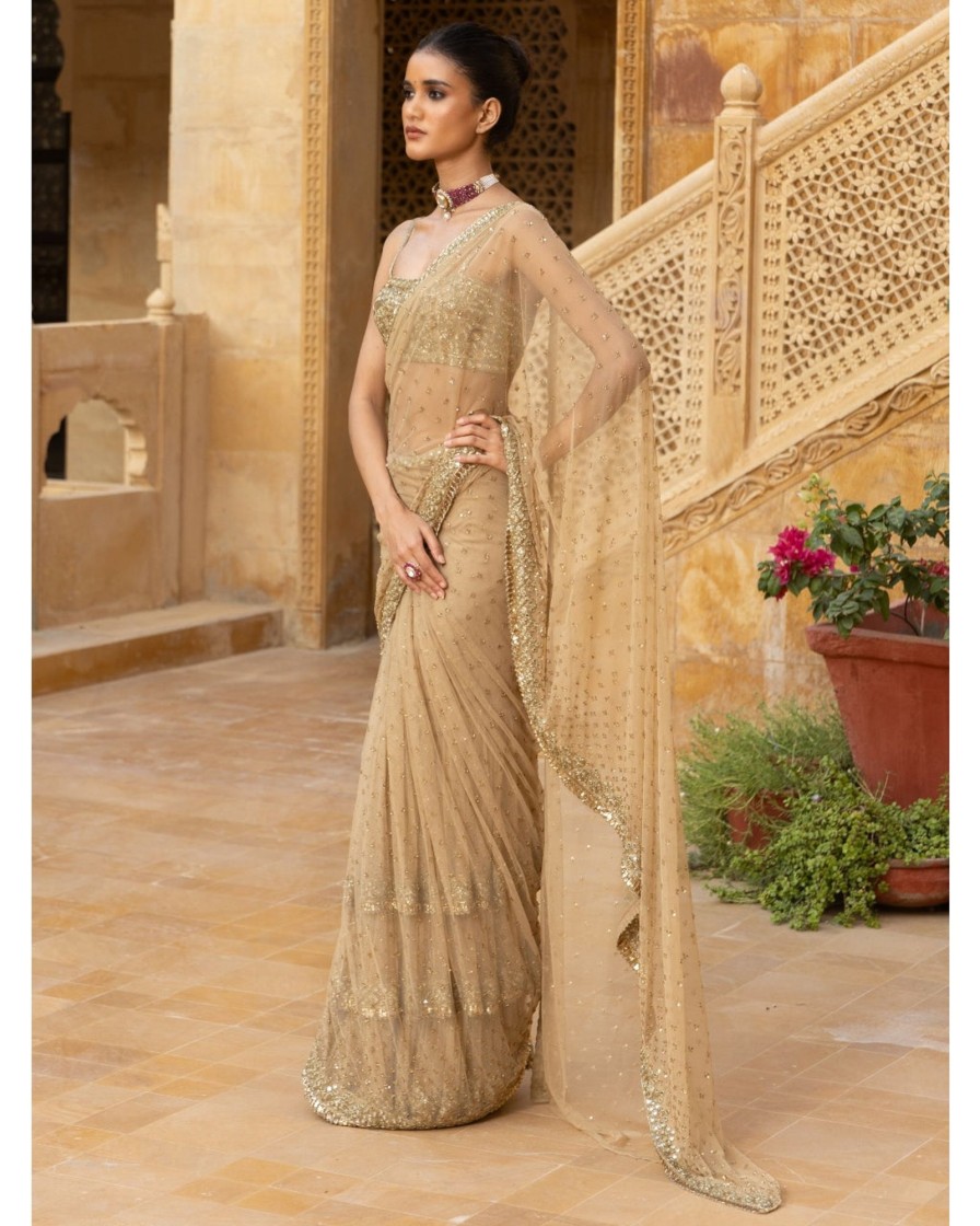 Womens Arpita Mehta | Nude Embroidered Tiered Sari Set