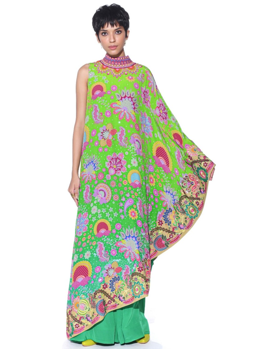 Womens Siddhartha Bansal | Neon Green Embroidered One Shoulder Dress And Jumpsuit