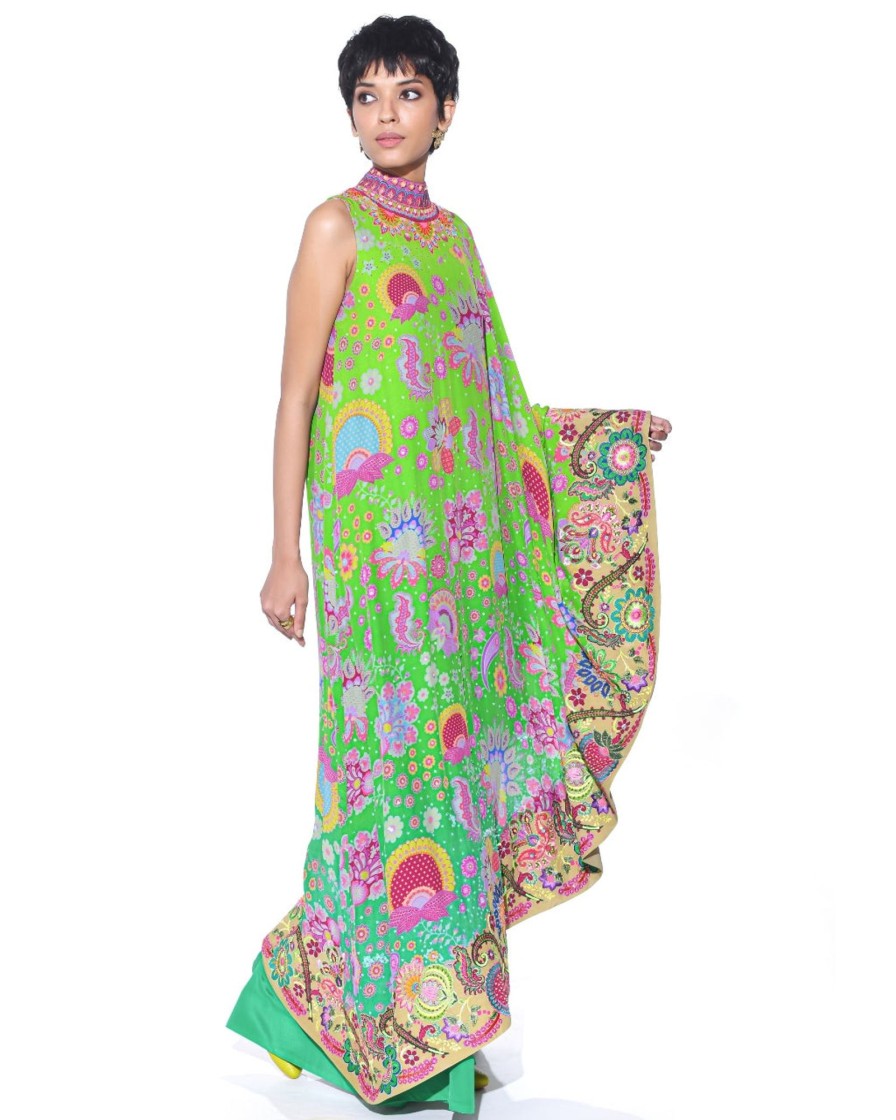 Womens Siddhartha Bansal | Neon Green Embroidered One Shoulder Dress And Jumpsuit