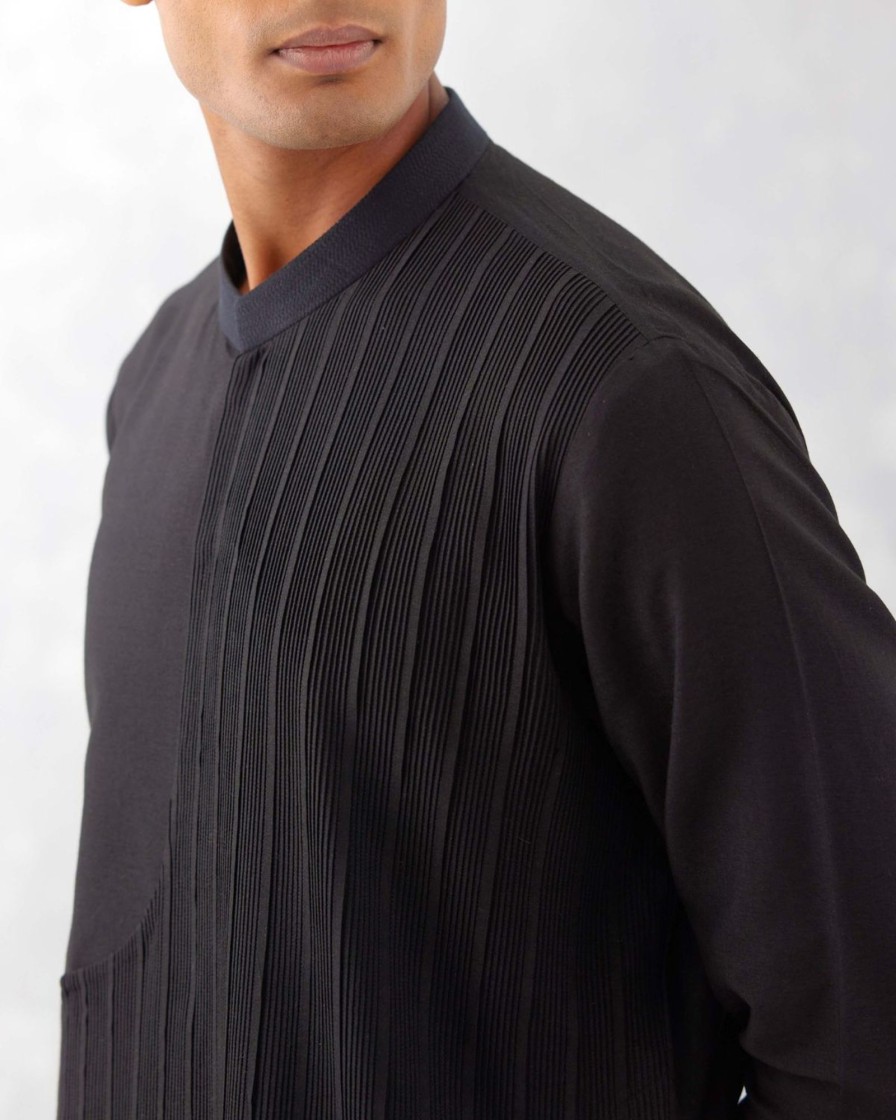 Mens Devnaagri Mens | Black Cotton Silk Blend Pin Tucks Kurta Set