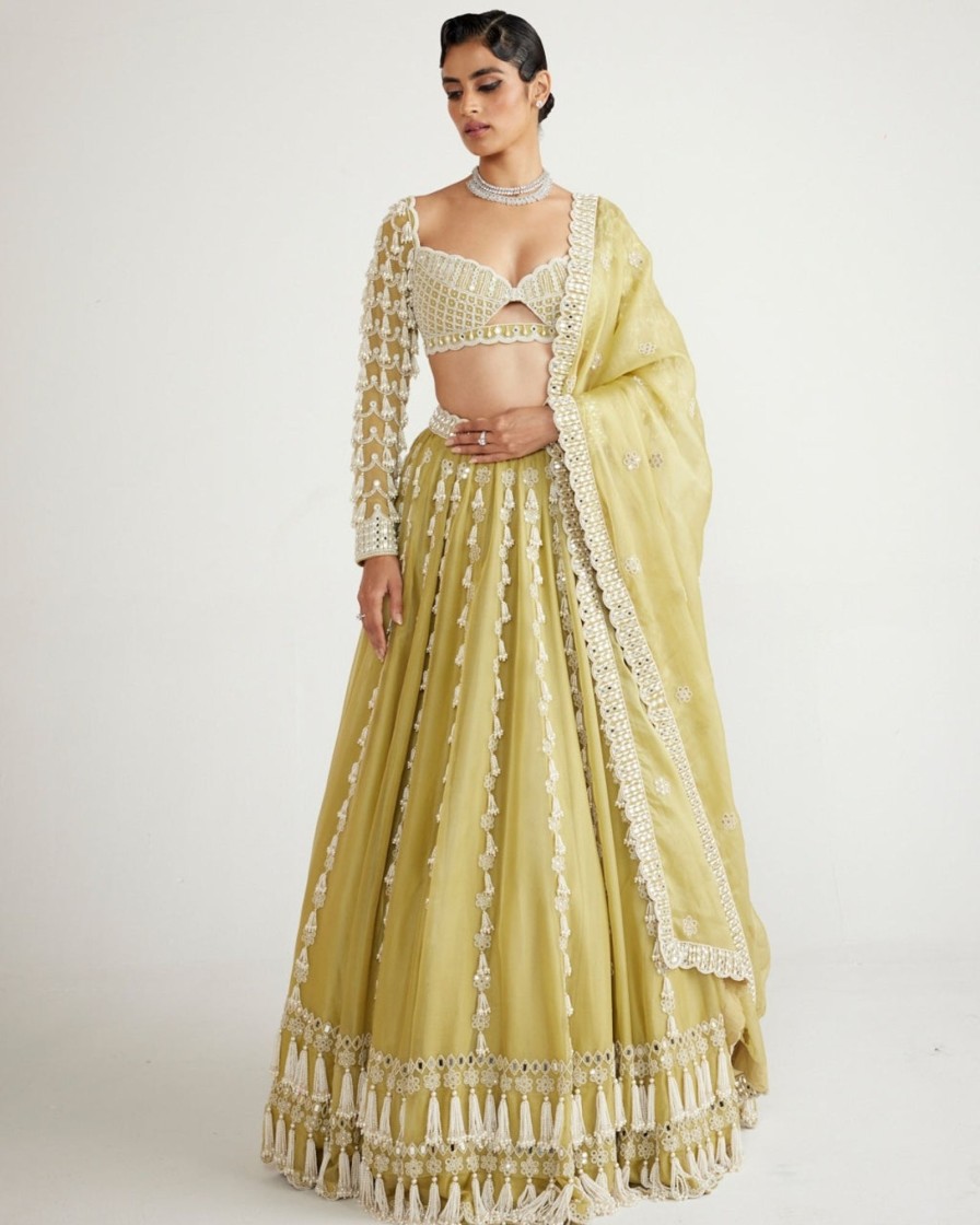 Womens Vvani by Vani Vats | Fern Green Chandelier Pearl Drop Full Sleeve Lehenga Set