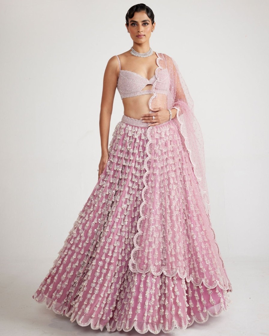 Bridal Vvani by Vani Vats | Onion Pink Chandelier Pearl Drop Lehenga Set