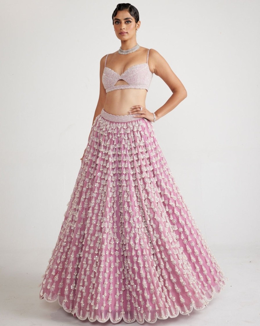 Bridal Vvani by Vani Vats | Onion Pink Chandelier Pearl Drop Lehenga Set