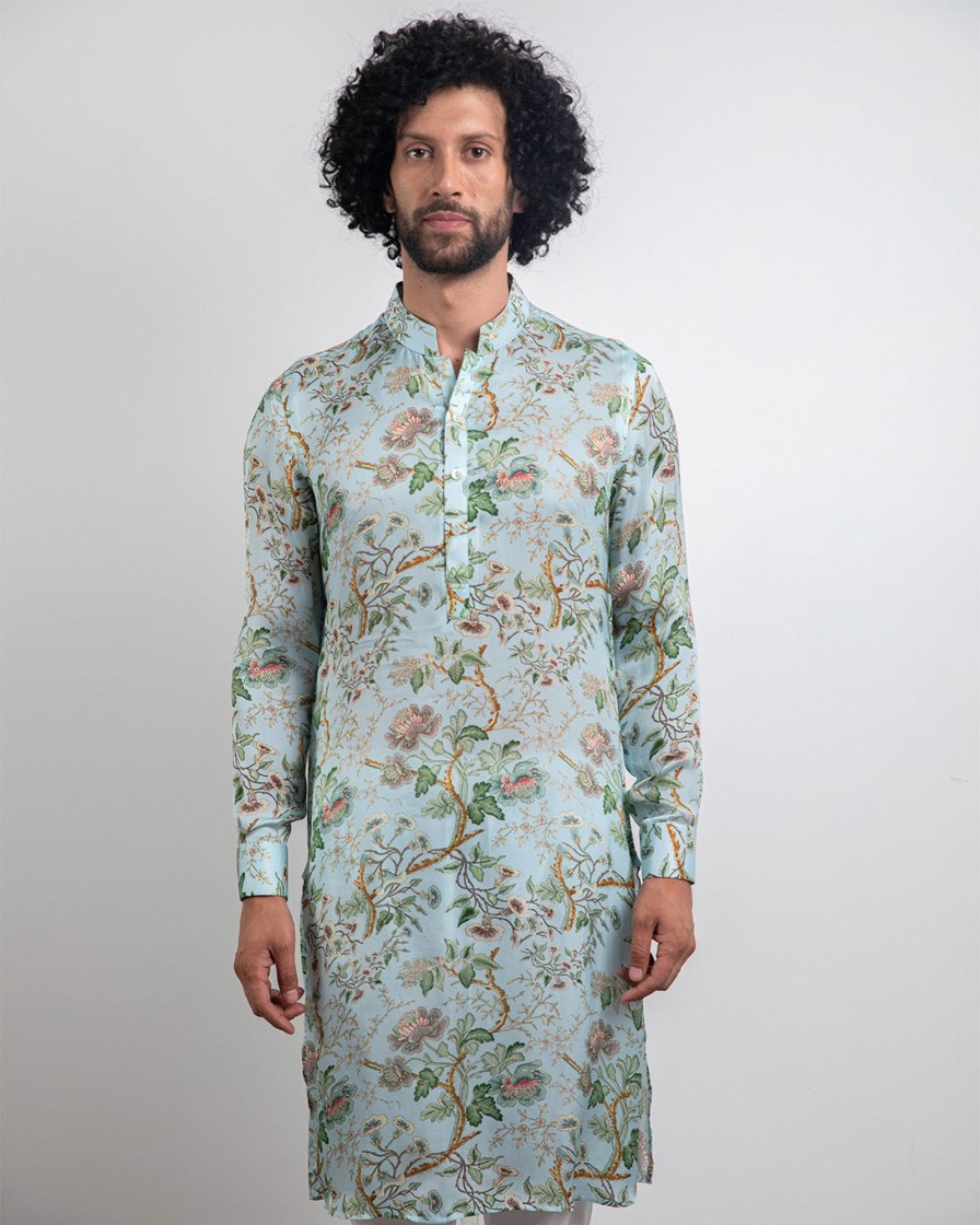 Mens Arjan Dugal | Sky Blue Modal Silk Kurta Set