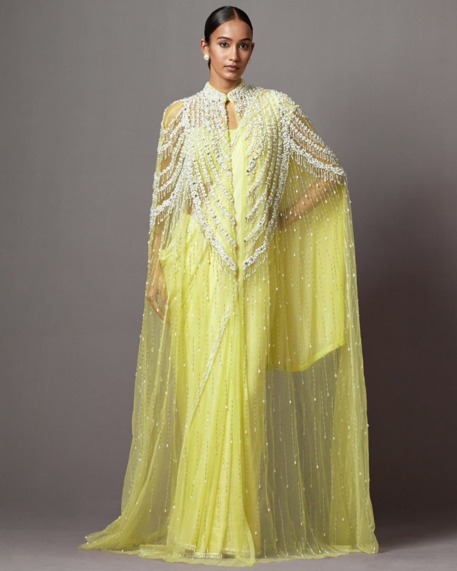 Womens Mala u0026 Kinnary | Lime Mala Cape Sari Set