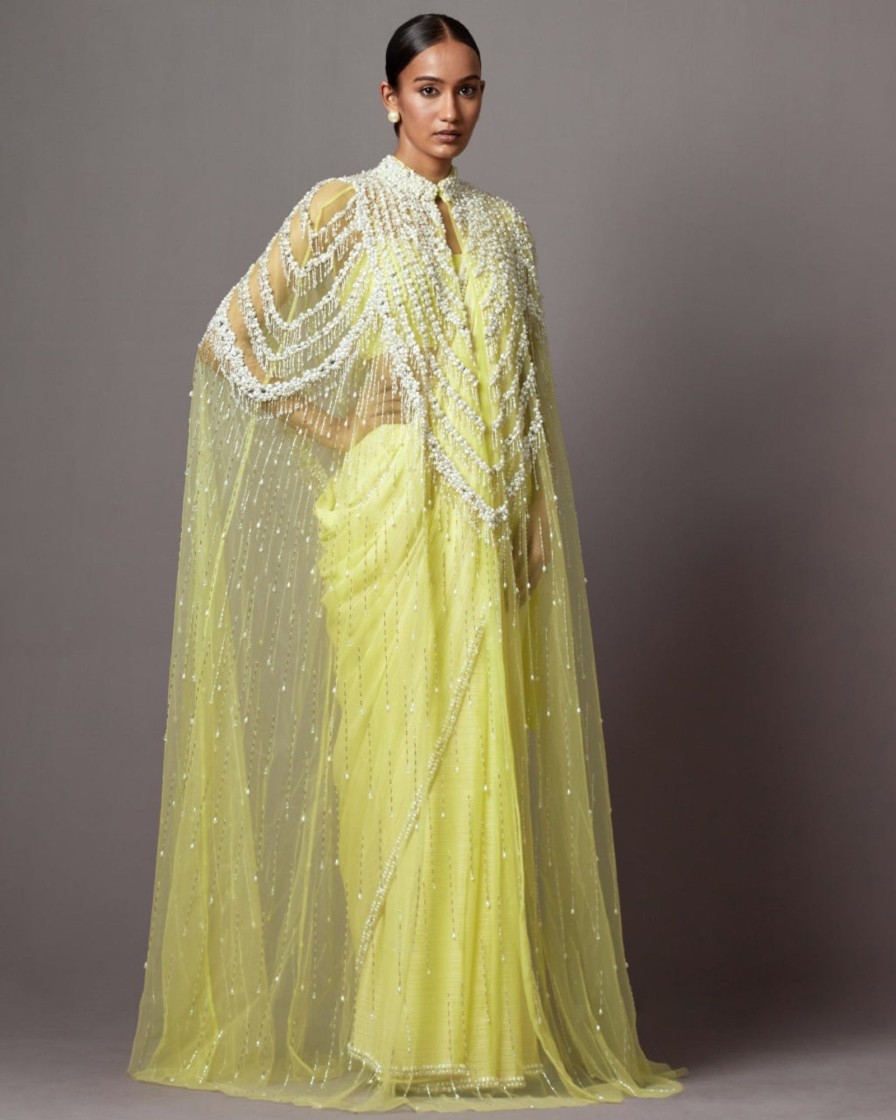 Womens Mala u0026 Kinnary | Lime Mala Cape Sari Set