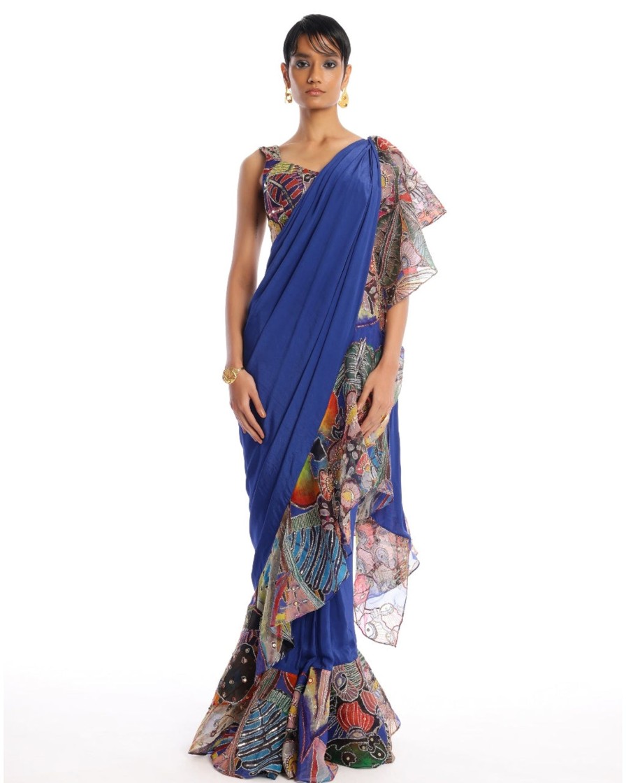 Womens Aisha Rao | Midnight Blue Labyrinth Sari Set