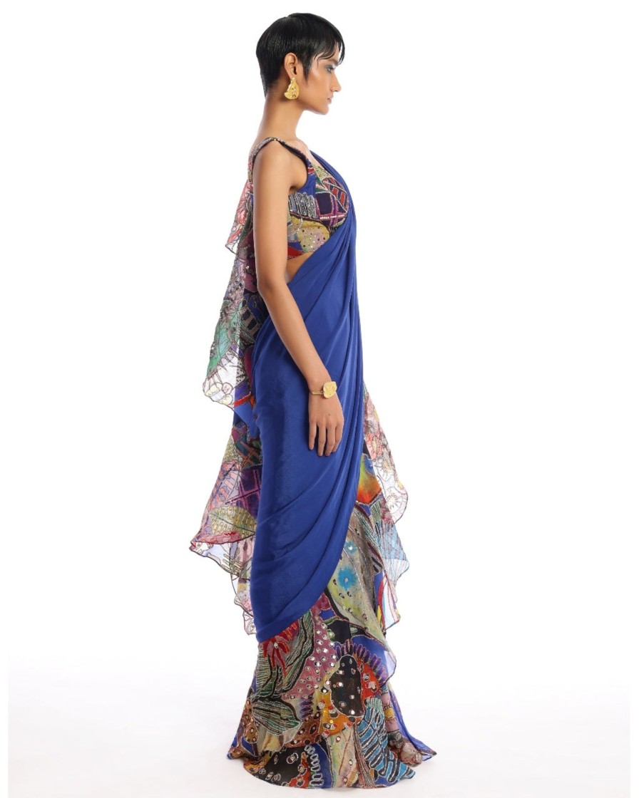 Womens Aisha Rao | Midnight Blue Labyrinth Sari Set