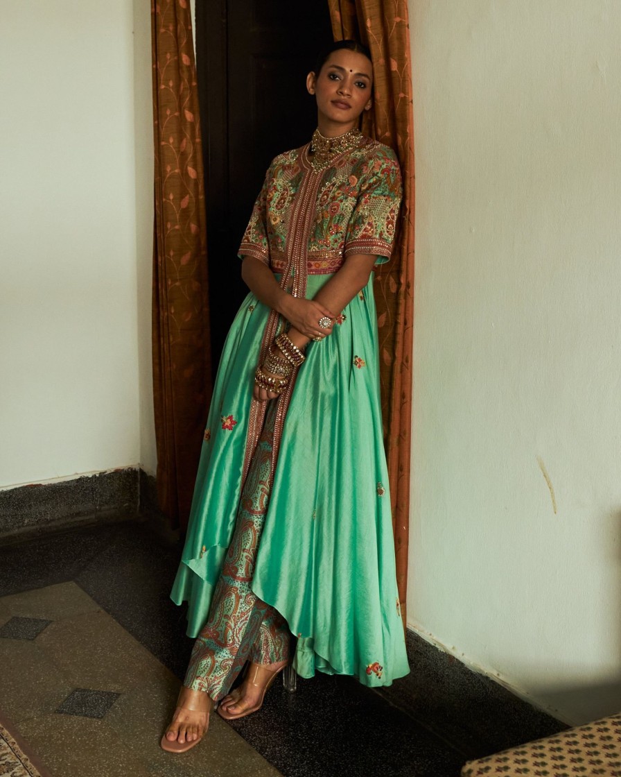 Womens Petticoat Lane | Green Paisley Embroidered Anarkali Set