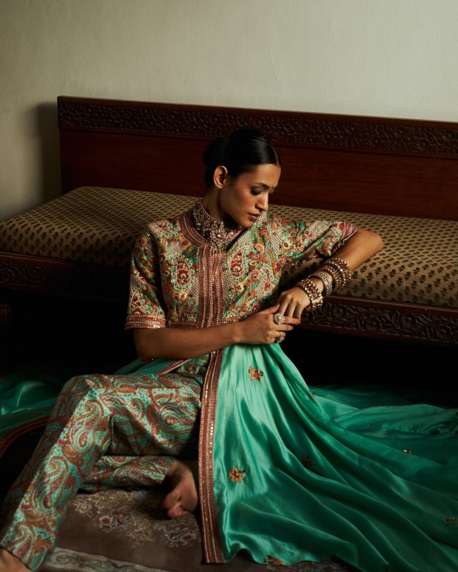 Womens Petticoat Lane | Green Paisley Embroidered Anarkali Set