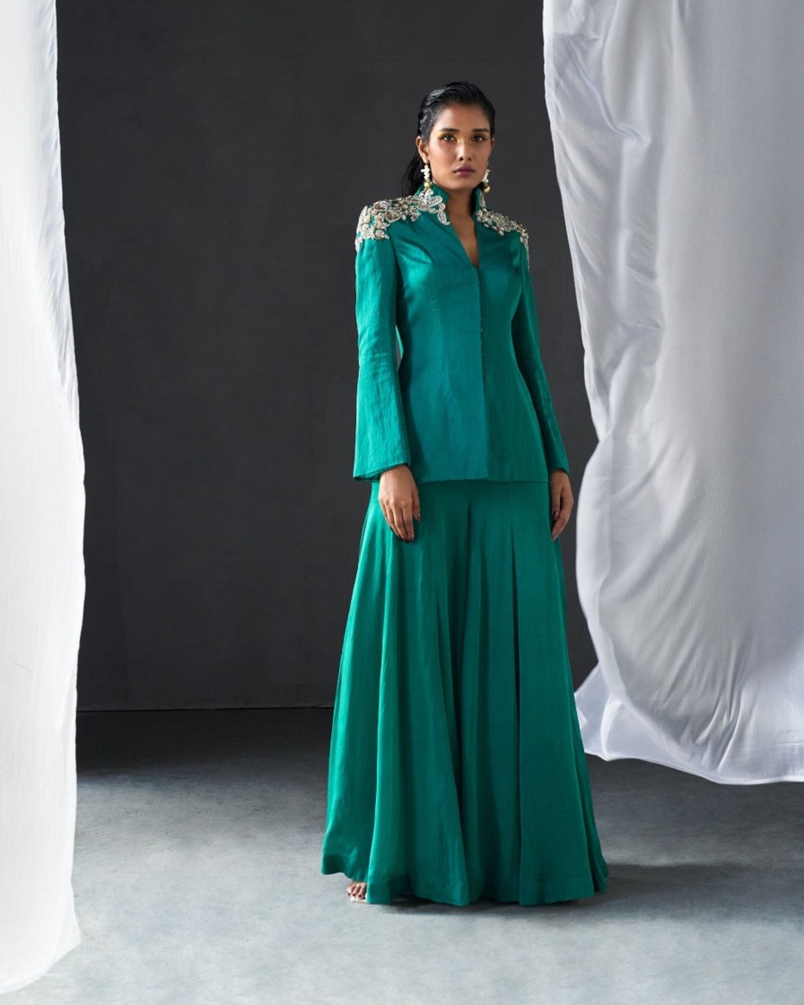 Womens Bhumika Sharma | Teal Green Jacket U0026 Gharara Set