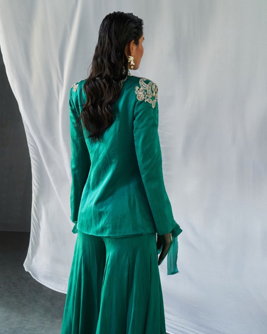 Womens Bhumika Sharma | Teal Green Jacket U0026 Gharara Set