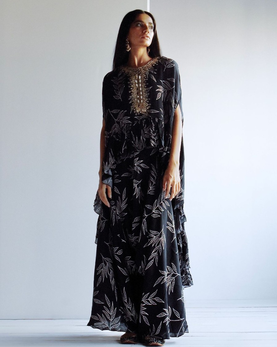 Womens Arpita Mehta | Black Leaf Print Cape Set