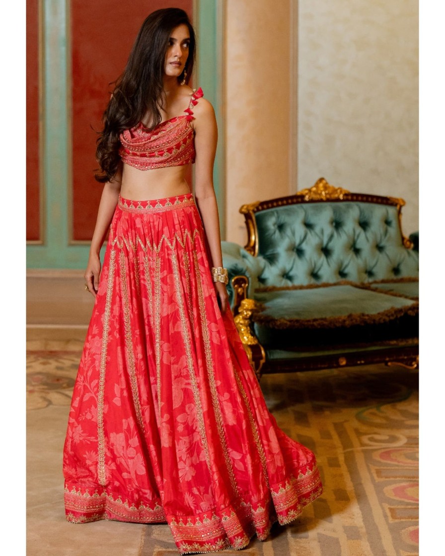 Womens Paulmi u0026 Harsh | Cherry Red Mono Tone Printed Lehenga Set