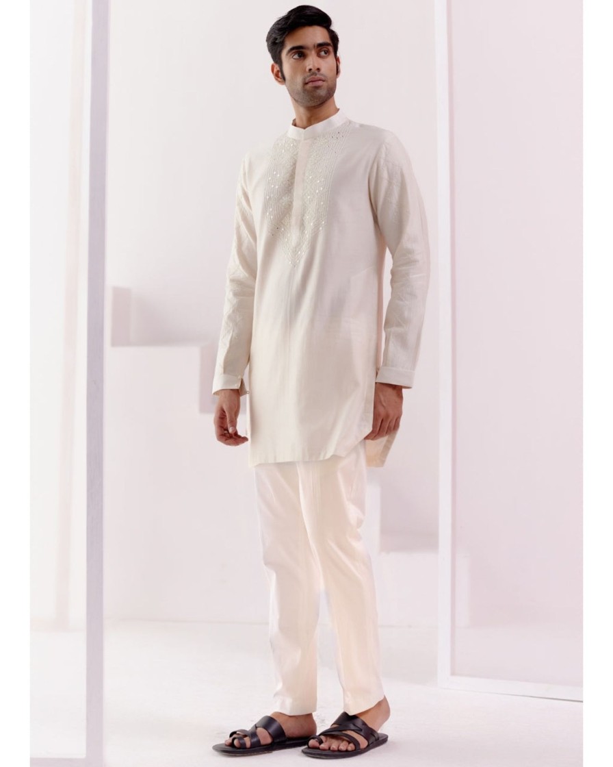 Mens Devnaagri Mens | Ivory Embroidered Chanderi Kurta Set