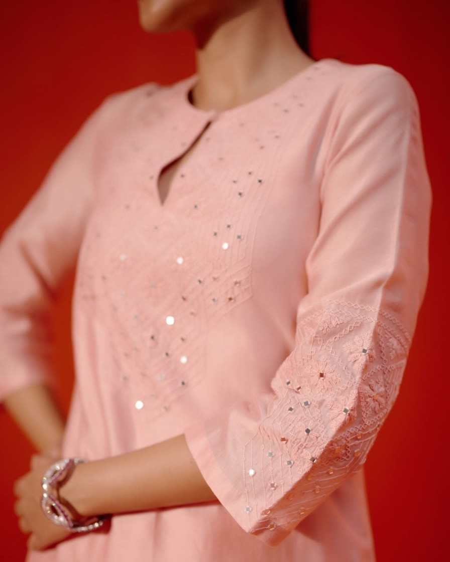 Womens Devnaagri | Blush Pink Embroidered Silk Chanderi Kurta Set