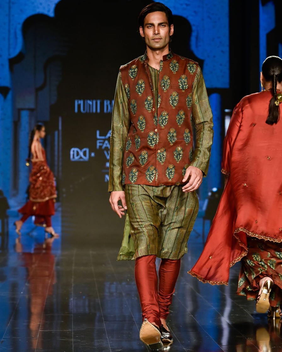 Mens Punit Balana Menswear | Dry Heena Green Printed Kurta With Bandi And Churidar