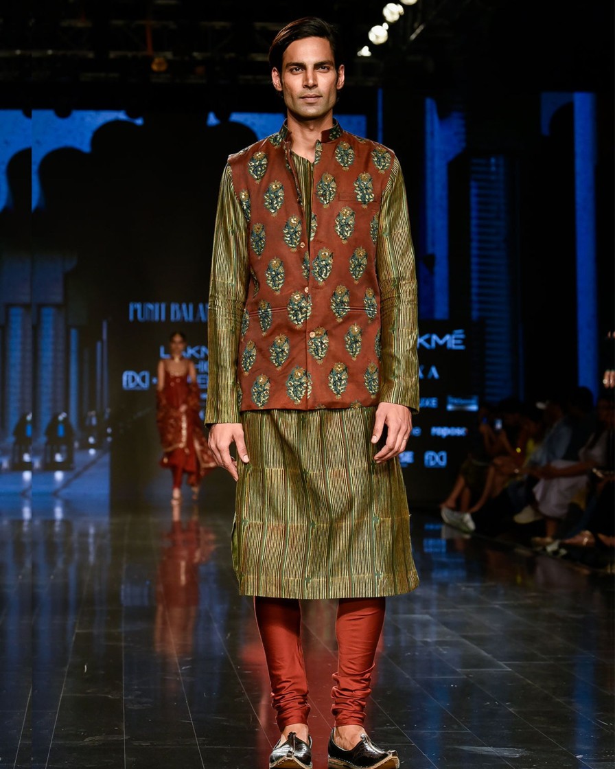 Mens Punit Balana Menswear | Dry Heena Green Printed Kurta With Bandi And Churidar