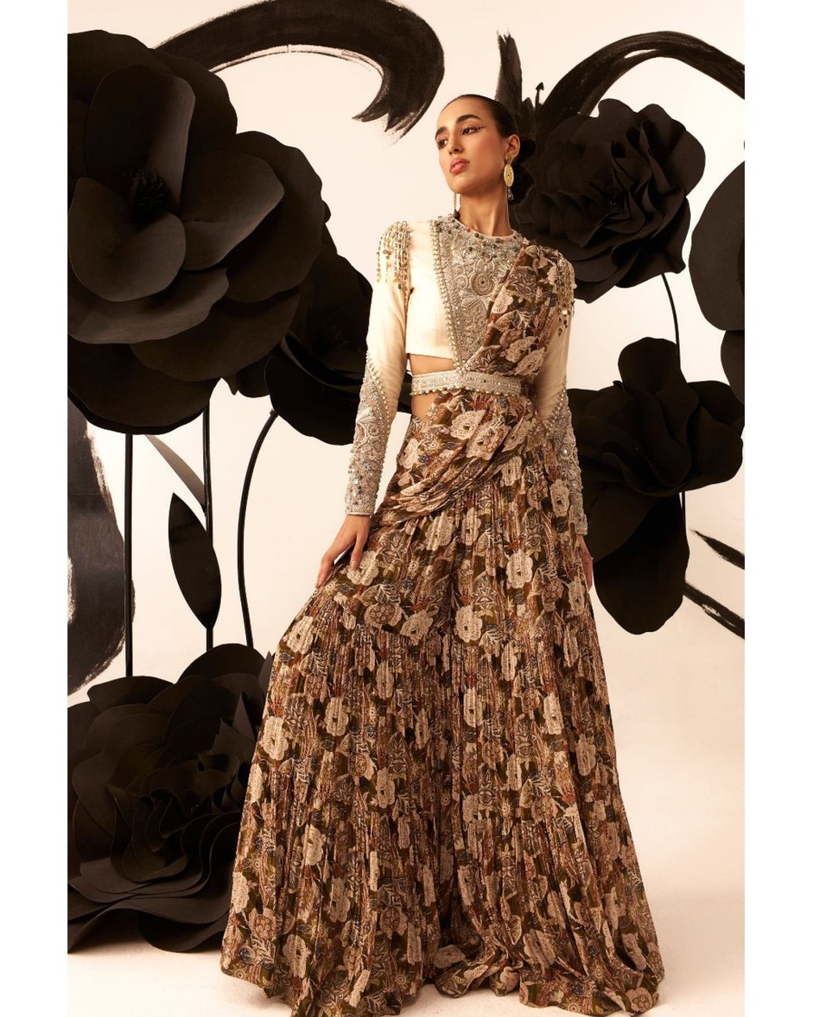 Womens Bhumika Sharma | Abstract Floral Palazzo Sari Set