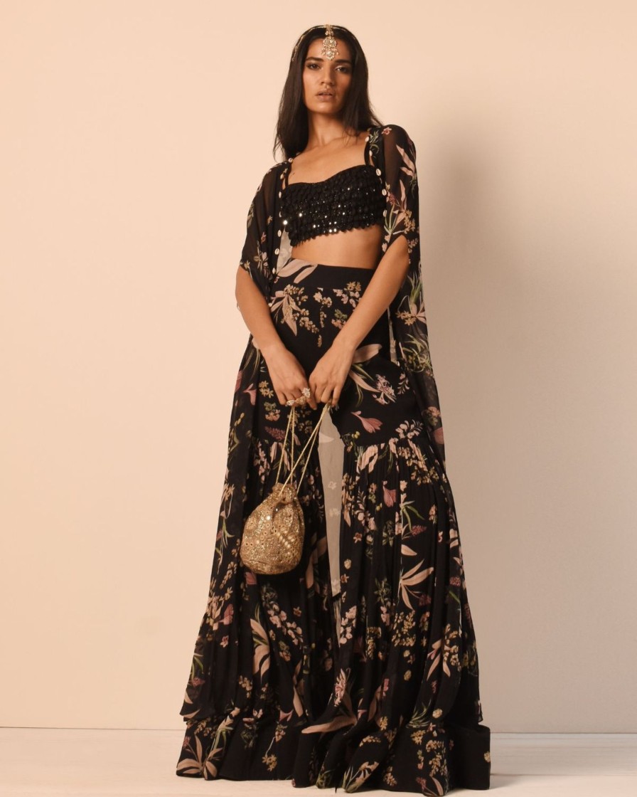 Womens Arpita Mehta | Black Floral Print Gharara Set