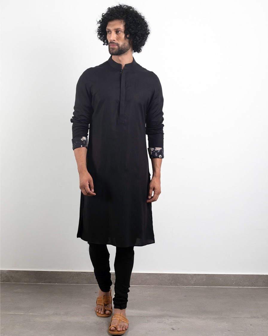 Mens Arjan Dugal | Black Silk Kurta Set