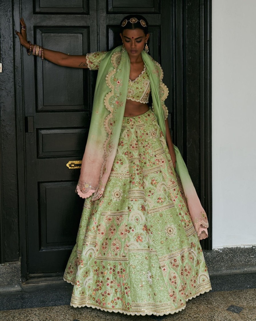 Bridal Petticoat Lane | Overall Embroidered Green Lehenga Set