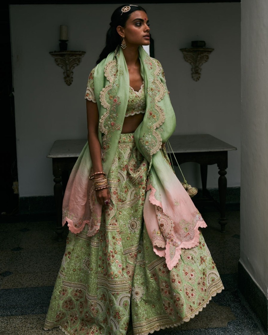 Bridal Petticoat Lane | Overall Embroidered Green Lehenga Set