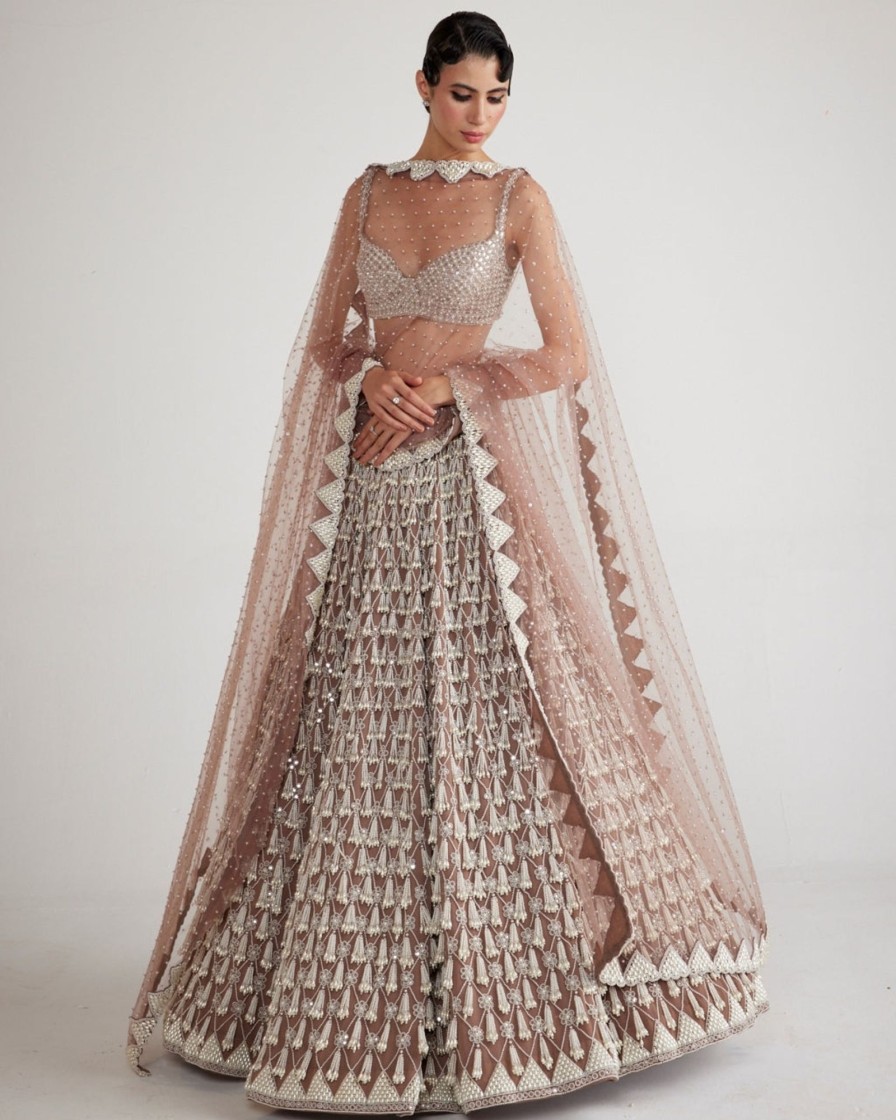 Bridal Vvani by Vani Vats | Deep Beige Chandelier Pearl Drop Lehenga Set