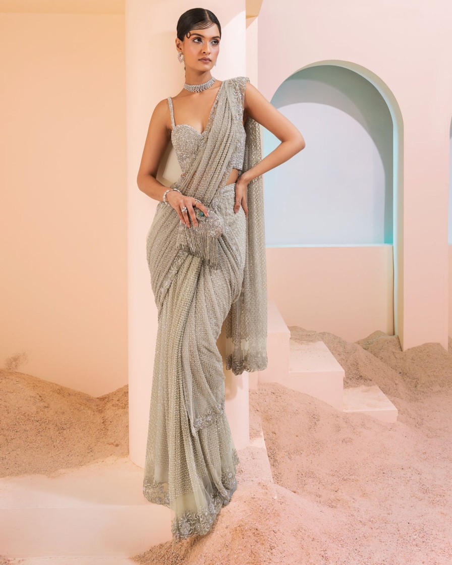 Bridal Esha Sethi Thirani | Steel Gray Grid Work Sari