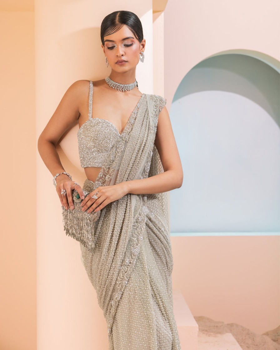 Bridal Esha Sethi Thirani | Steel Gray Grid Work Sari