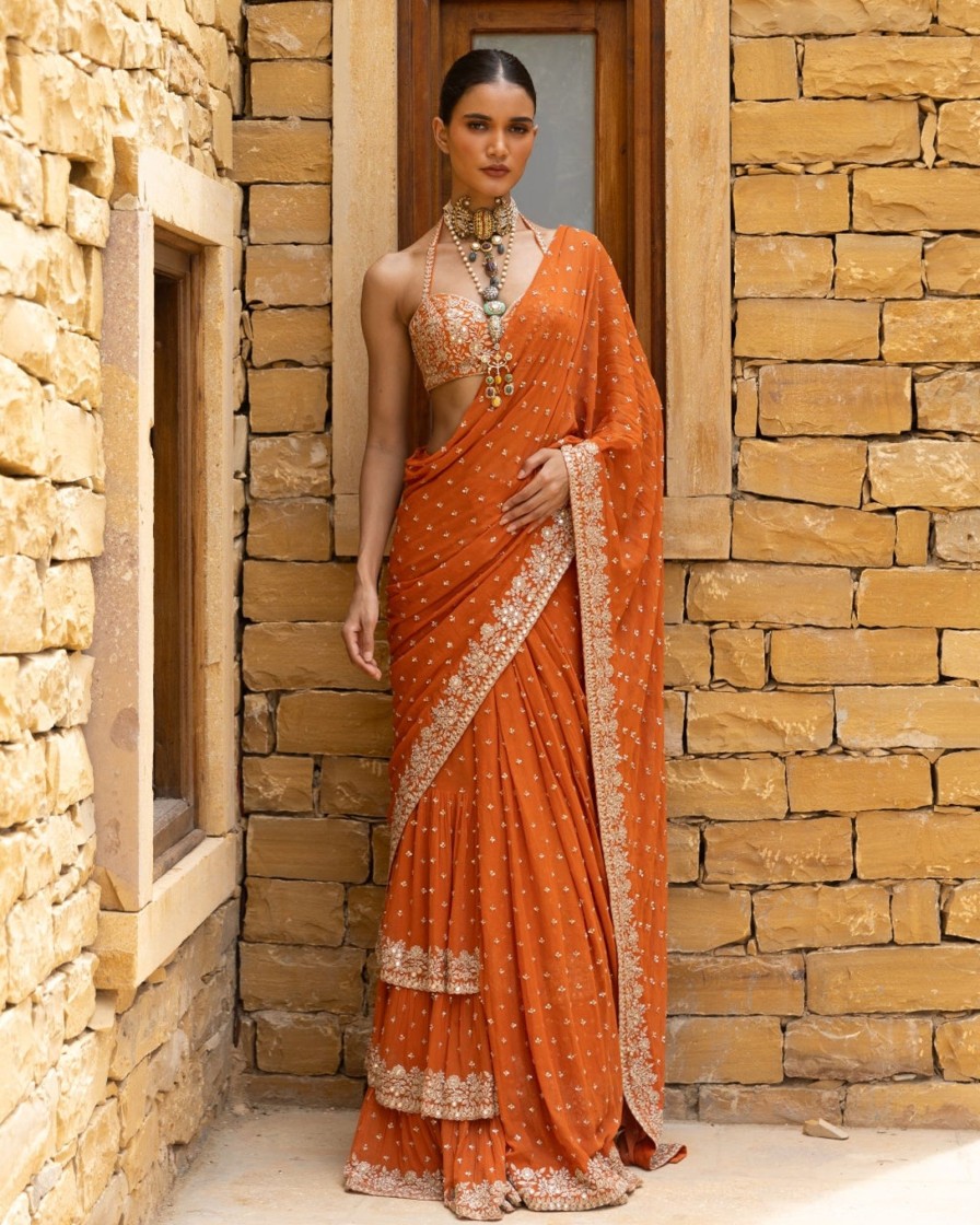 Womens Arpita Mehta | Toasted Orange Embroidered Tiered Sari Set