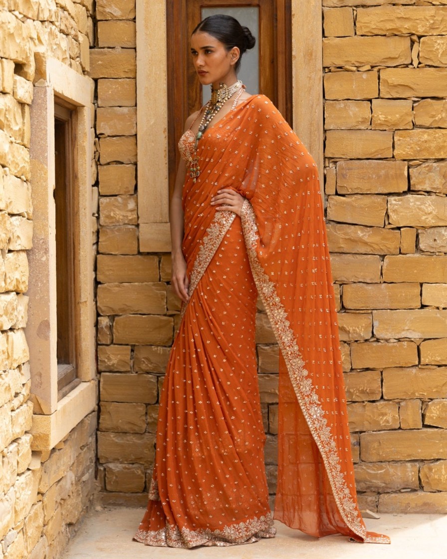 Womens Arpita Mehta | Toasted Orange Embroidered Tiered Sari Set