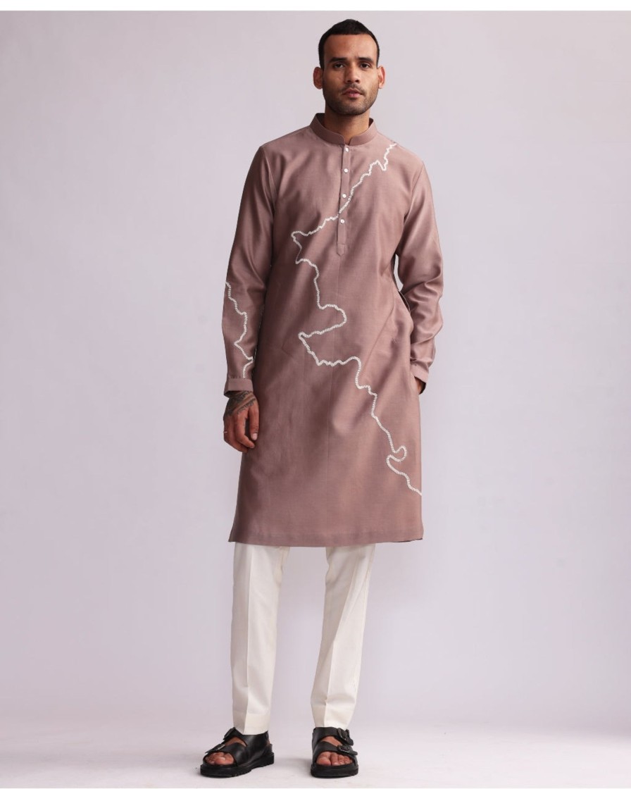 Mens Country Made | Pink Contour Line Embroidered Kurta Set