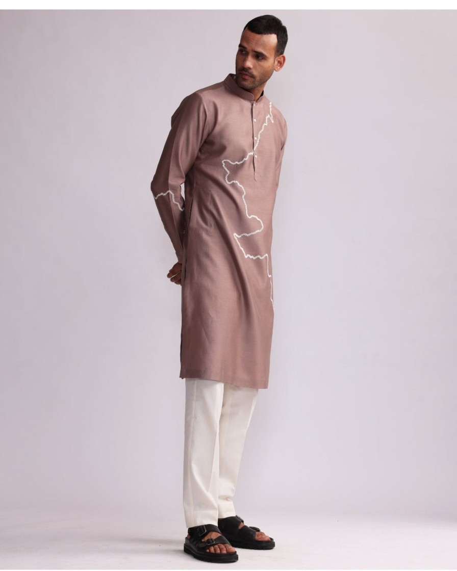 Mens Country Made | Pink Contour Line Embroidered Kurta Set